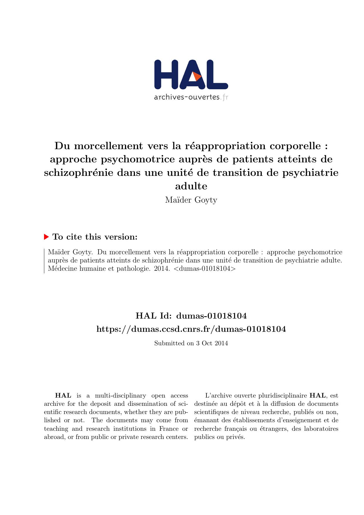 Du morcellement vers la réappropriation corporelle : approche psychomotrice auprès de patients atteints de schizophrénie dans une unité de transition de psychiatrie adulte